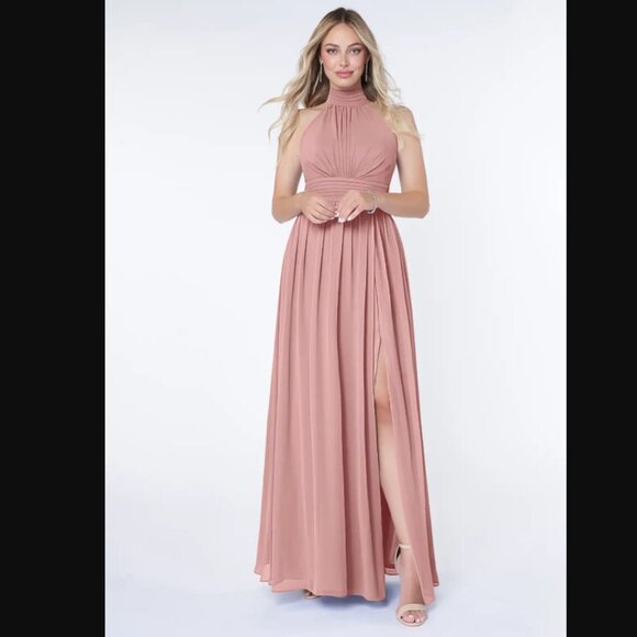 Azazie Halter Neck Chiffon Bridesmaid Dress - Picture 1 of 16